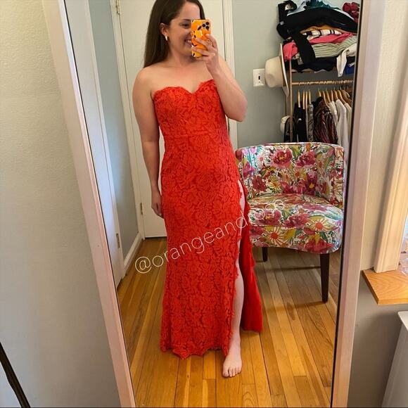 Fame and Partners Red Lace Strapless Maxi Dress Small - Picture 2 of 12